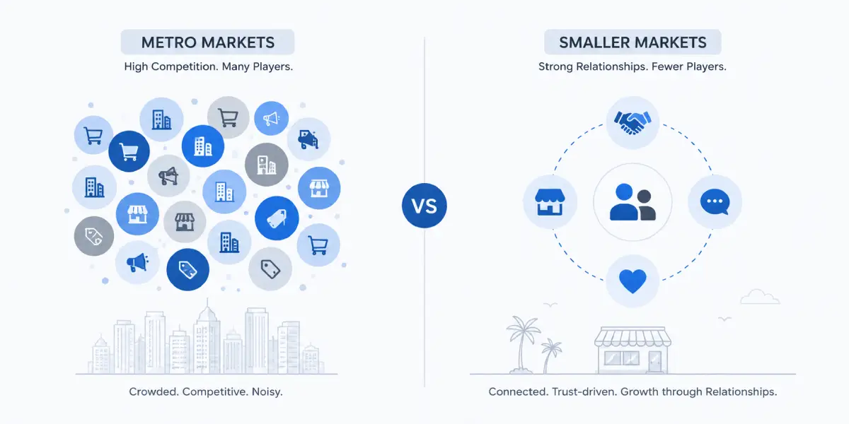 Illustration comparing Mangalore's smaller relationship-driven real estate market to metro city competition