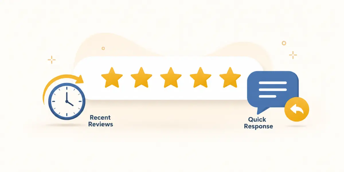 Illustration representing Google reviews count, recency, and response rate as ranking factors - NammoraX