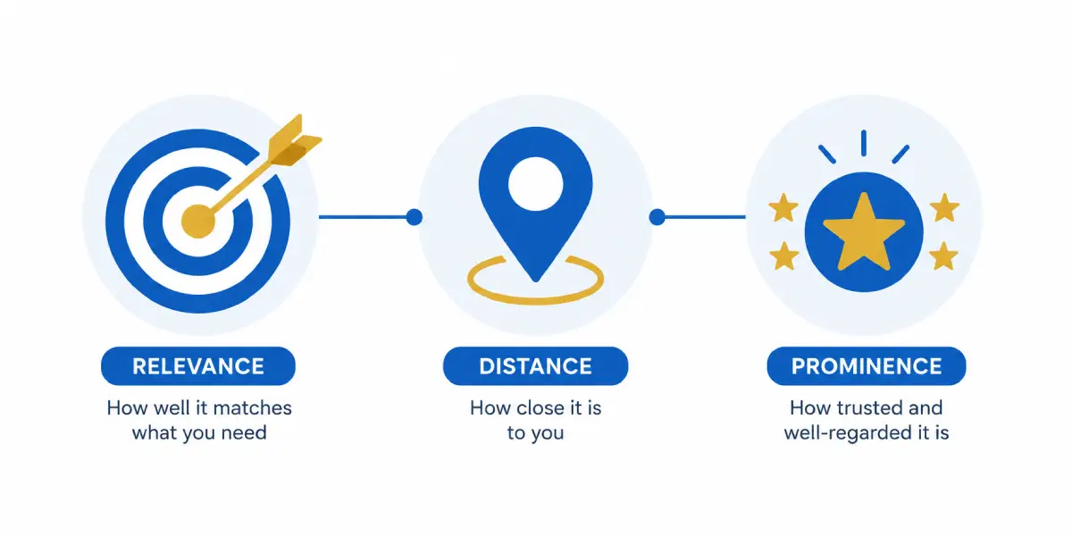 Illustration representing Google's three local ranking factors: relevance, distance, and prominence - NammoraX