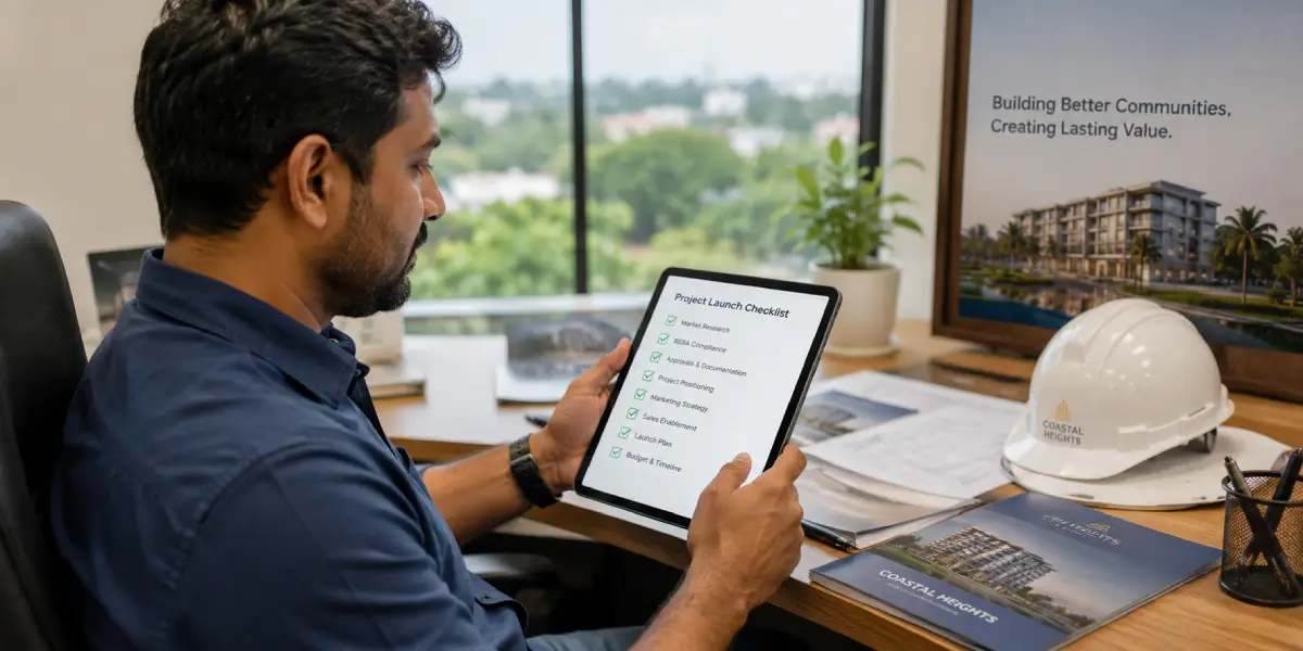 Builder or developer reviewing a real estate lead generation checklist on a laptop in Mangaluru