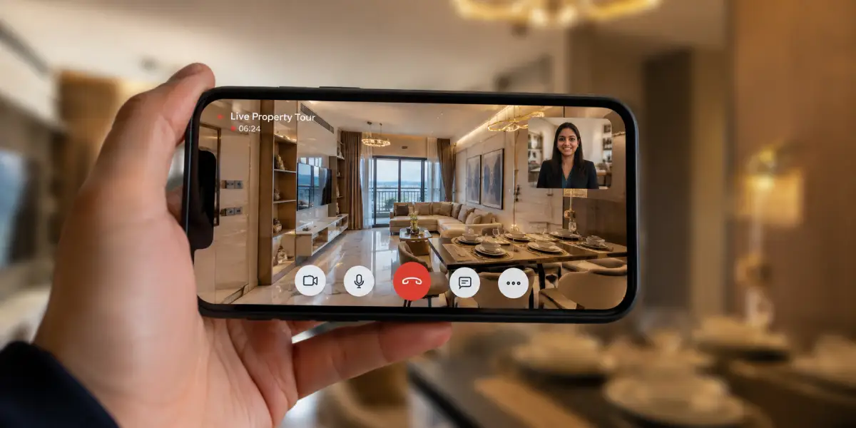 Illustration representing digital trust-building tools like virtual tours for NRI real estate buyers