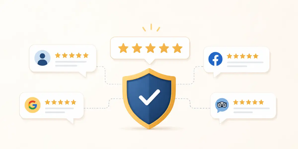 Illustration representing third-party reviews and earned mentions as trust signals for AI search visibility