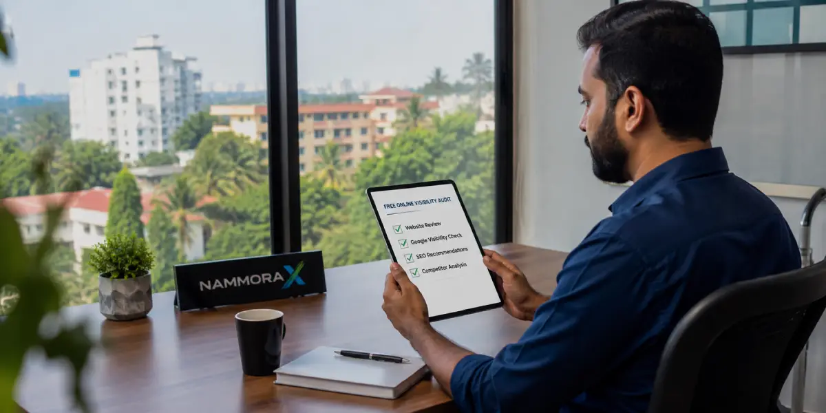 Business owner reviewing an AI search visibility checklist on a laptop in Mangaluru