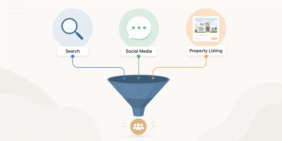 Illustration representing a channel mix of Google Ads, Meta Ads, and property portals for real estate lead generation